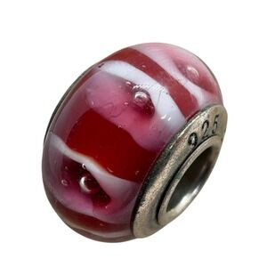 Pandora ALE 925 Sterling Silver Red White Stripe Murano Glass Charm 2.23g